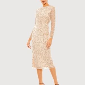 NWT Mac Duggal Beaded Tea Length Dress with Sheer Sleeves Size 10